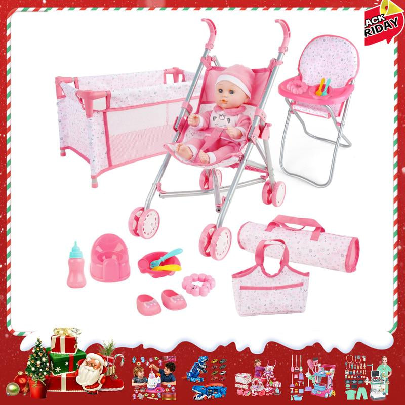 Deao Doll Stroller Nursery Role Play Set with a Variety of Feeding Toy and Play Mat Travel Cot Carrier Stroller and Travel Bag
