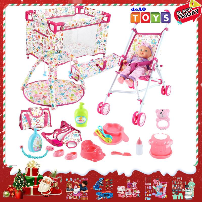 Deao Doll Stroller Nursery Role Play Set with a Variety of Feeding Toy and Play Mat Travel Cot Carrier Stroller and Travel Bag