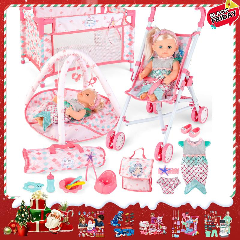 Deao Doll Stroller Nursery Role Play Set with a Variety of Feeding Toy and Play Mat Travel Cot Carrier Stroller and Travel Bag