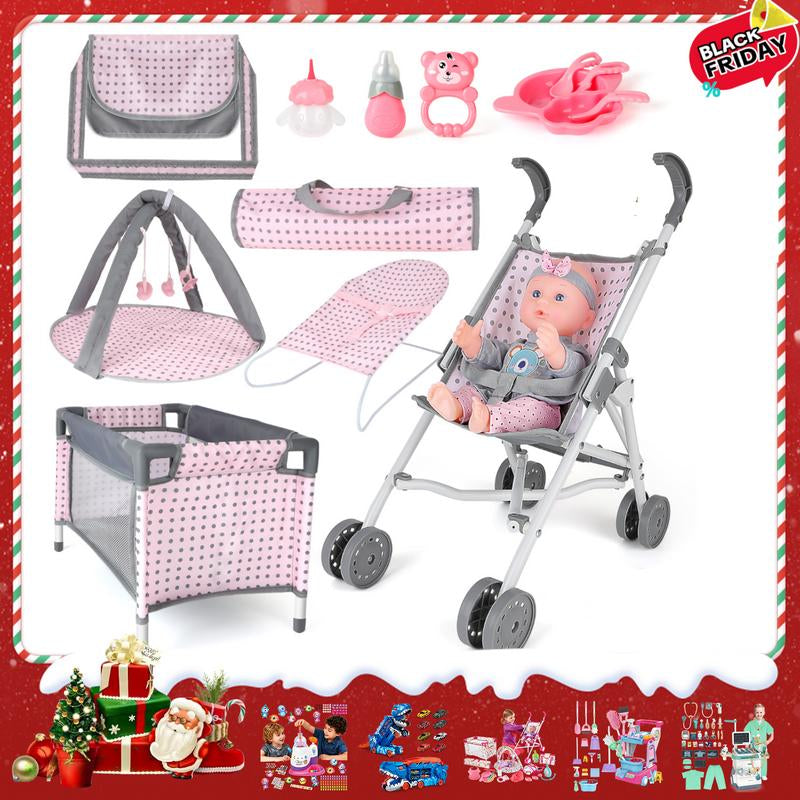 Deao Doll Stroller Nursery Role Play Set with a Variety of Feeding Toy and Play Mat Travel Cot Carrier Stroller and Travel Bag