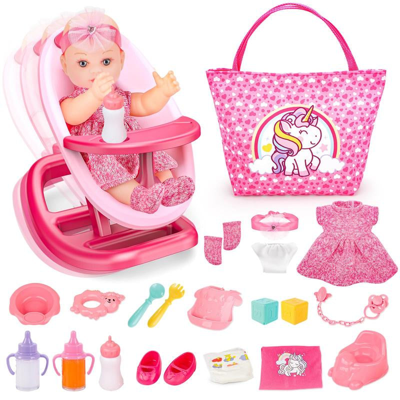 Deao Doll Stroller Nursery Role Play Set with a Variety of Feeding Toy and Play Mat Travel Cot Carrier Stroller and Travel Bag