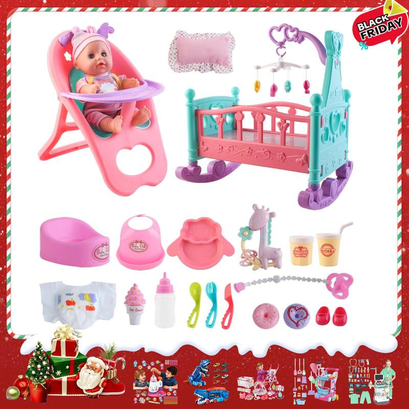 Deao Doll Stroller Nursery Role Play Set with a Variety of Feeding Toy and Play Mat Travel Cot Carrier Stroller and Travel Bag