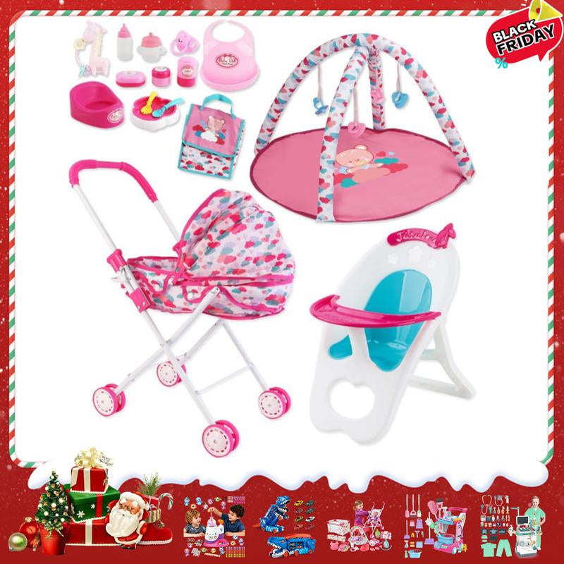 Deao Doll Stroller Nursery Role Play Set with a Variety of Feeding Toy and Play Mat Travel Cot Carrier Stroller and Travel Bag