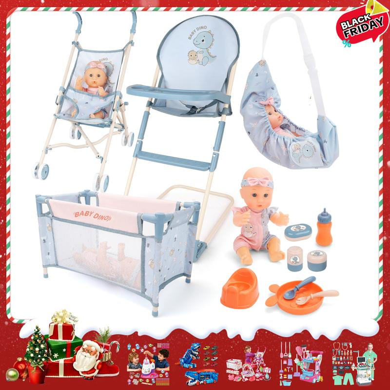 Deao Doll Stroller Nursery Role Play Set with a Variety of Feeding Toy and Play Mat Travel Cot Carrier Stroller and Travel Bag