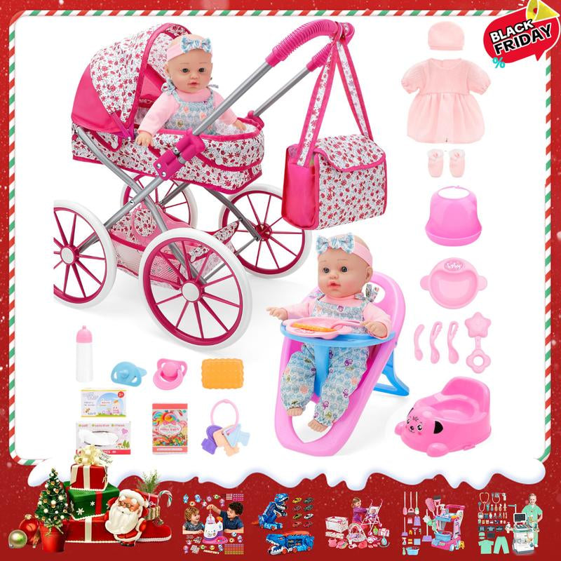 Deao Doll Stroller Nursery Role Play Set with a Variety of Feeding Toy and Play Mat Travel Cot Carrier Stroller and Travel Bag